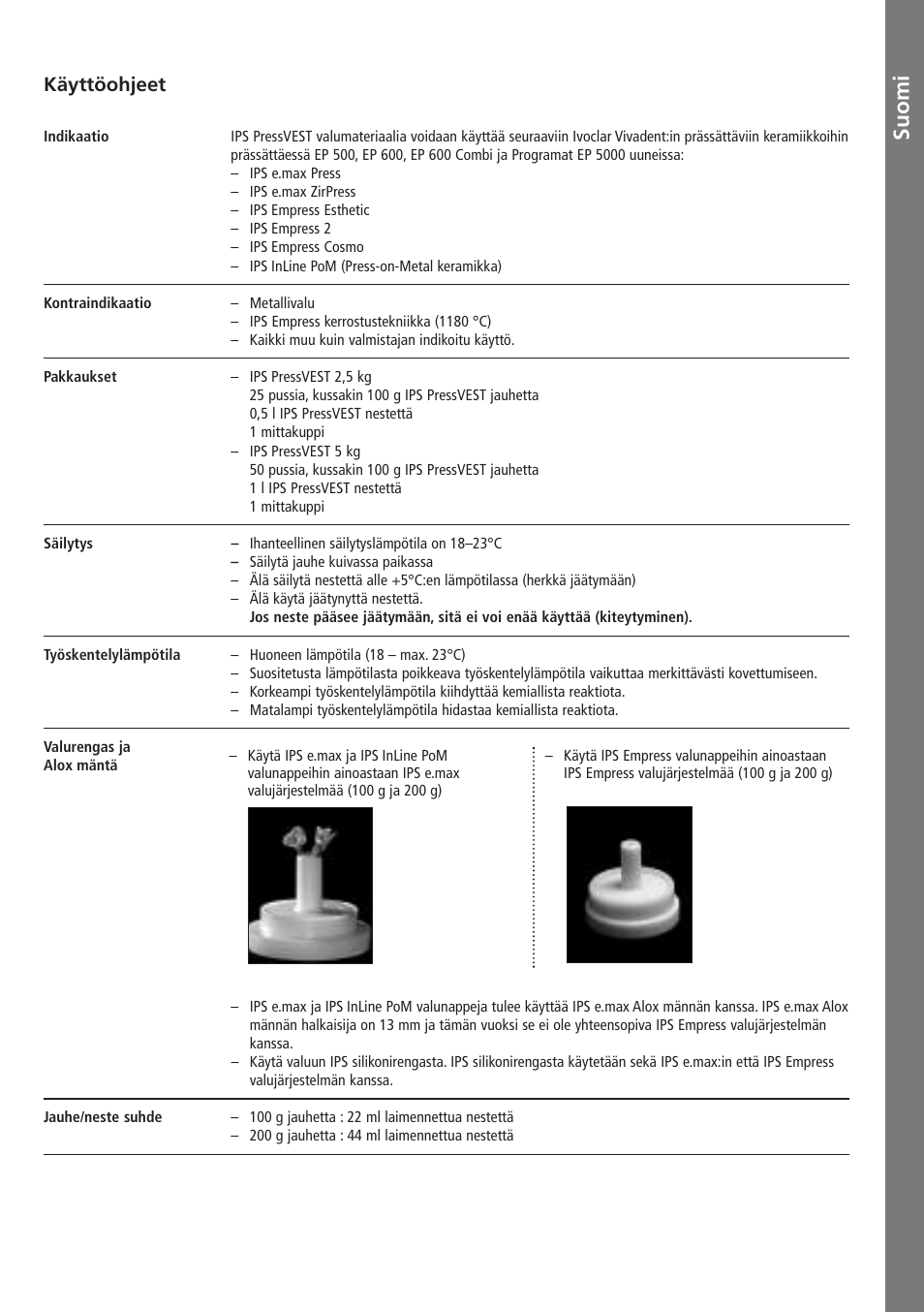 Suomi, Su o m i, Käyttöohjeet | Ivoclar Vivadent IPS PressVEST v1.pdf User Manual | Page 38 / 54