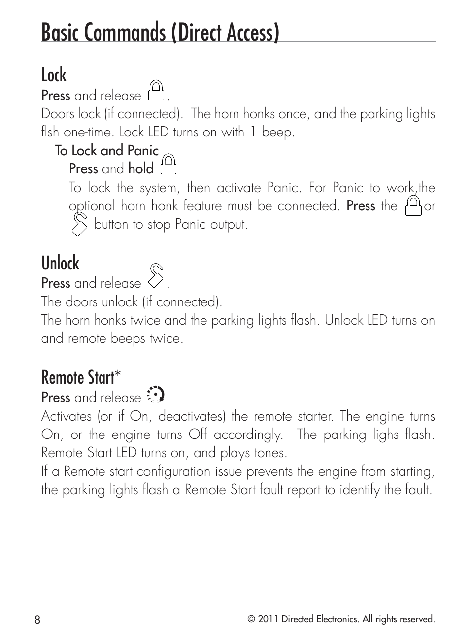 Basic commands (direct access), Lock, Unlock | Remote start | CLIFFORD 420.4X User Manual | Page 11 / 40