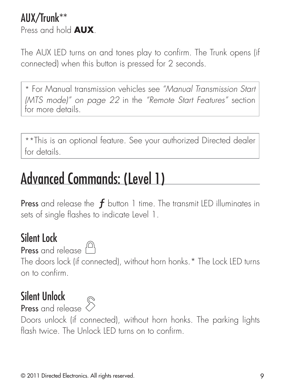 Advanced commands: (level 1), Aux/trunk, Silent lock | Silent unlock | CLIFFORD 420.4X User Manual | Page 12 / 40