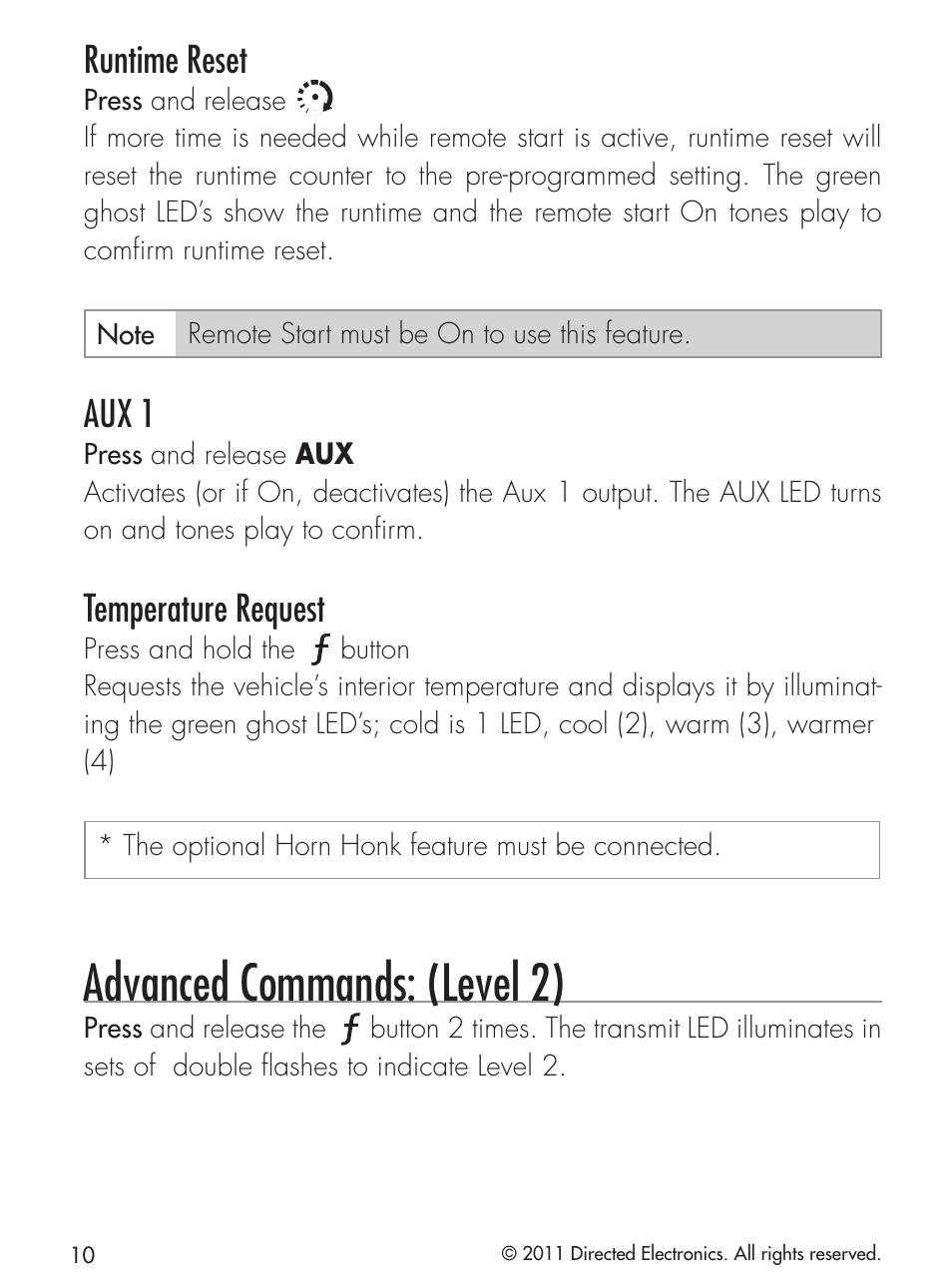 Advanced commands: (level 2), Runtime reset, Aux 1 | Temperature request | CLIFFORD 420.4X User Manual | Page 13 / 40