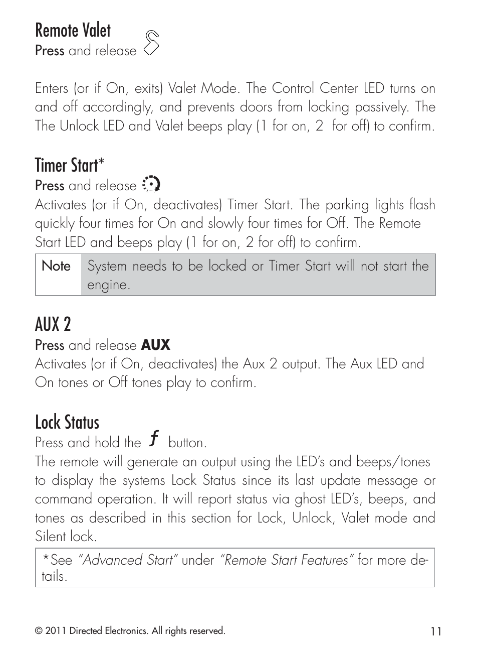 Remote valet, Timer start, Aux 2 | Lock status | CLIFFORD 420.4X User Manual | Page 14 / 40