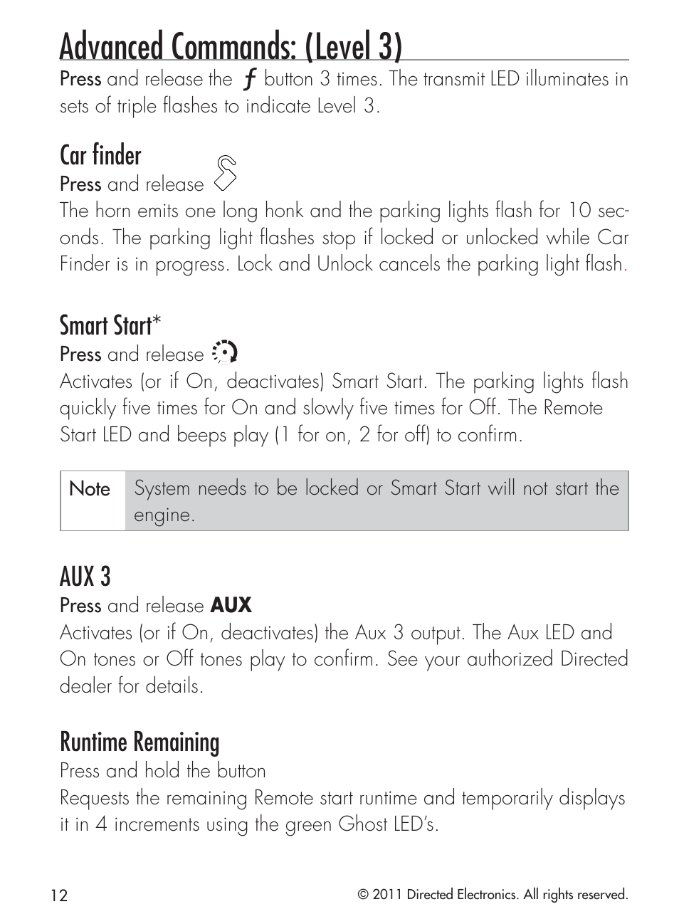 Advanced commands: (level 3), Car ﬁnder, Smart start | Aux 3, Runtime remaining | CLIFFORD 420.4X User Manual | Page 15 / 40