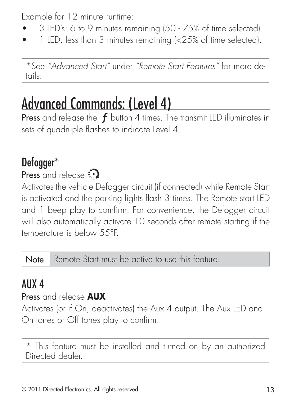 Advanced commands: (level 4), Defogger, Aux 4 | CLIFFORD 420.4X User Manual | Page 16 / 40
