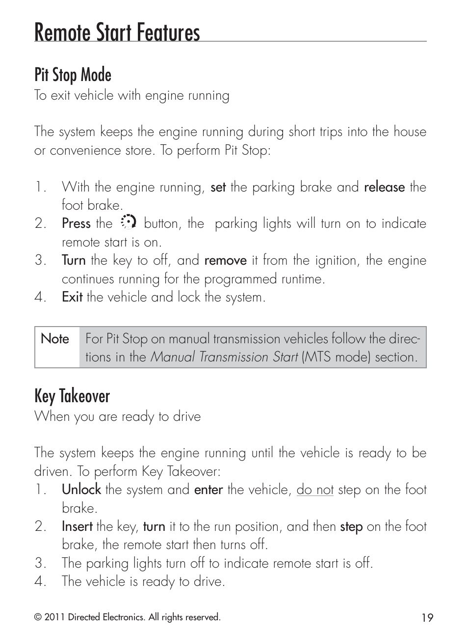 Remote start features, Pit stop mode, Key takeover | CLIFFORD 420.4X User Manual | Page 22 / 40