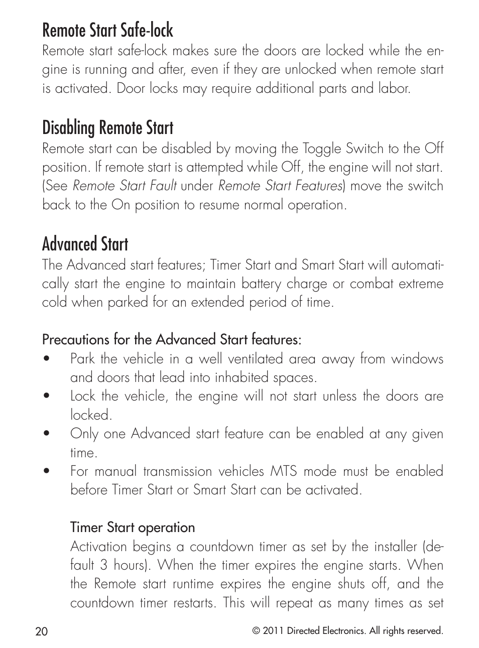 Remote start safe-lock, Disabling remote start, Advanced start | CLIFFORD 420.4X User Manual | Page 23 / 40