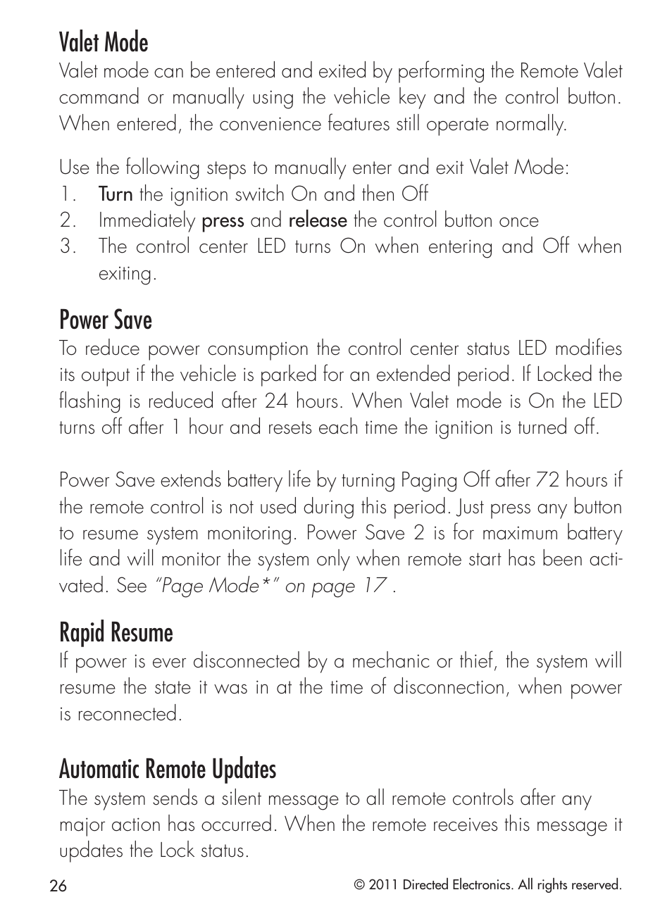 Valet mode, Power save, Rapid resume | Automatic remote updates | CLIFFORD 420.4X User Manual | Page 29 / 40