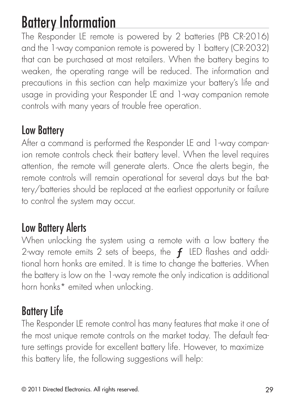 Battery information, Low battery, Low battery alerts | Battery life | CLIFFORD 420.4X User Manual | Page 32 / 40