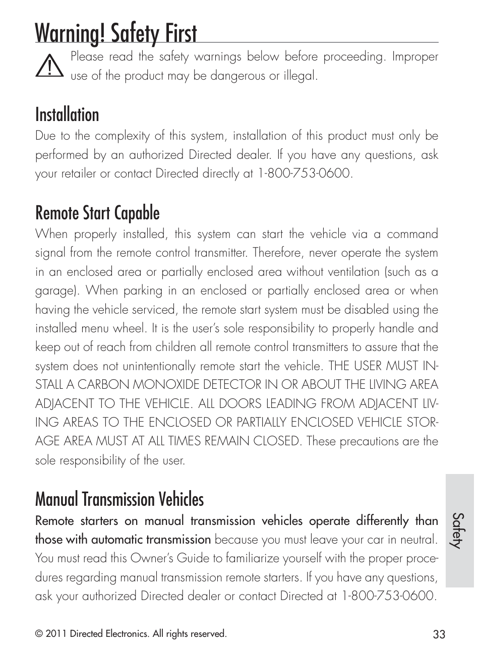 Warning! safety first, Installation, Remote start capable | Manual transmission vehicles | CLIFFORD 420.4X User Manual | Page 36 / 40