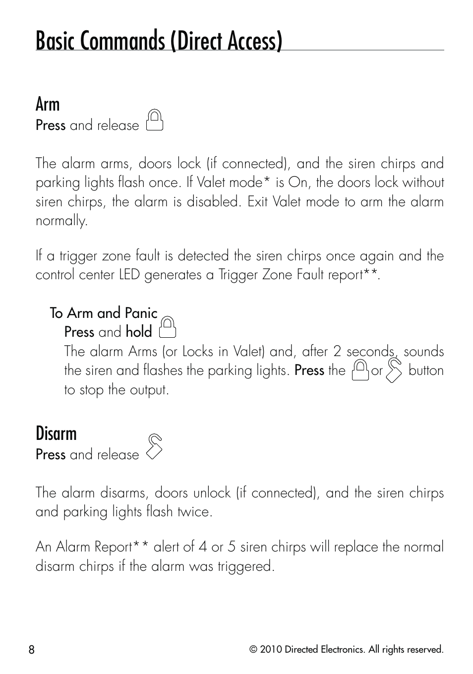 Basic commands (direct access), Disarm | CLIFFORD Security System 510.4X User Manual | Page 11 / 41