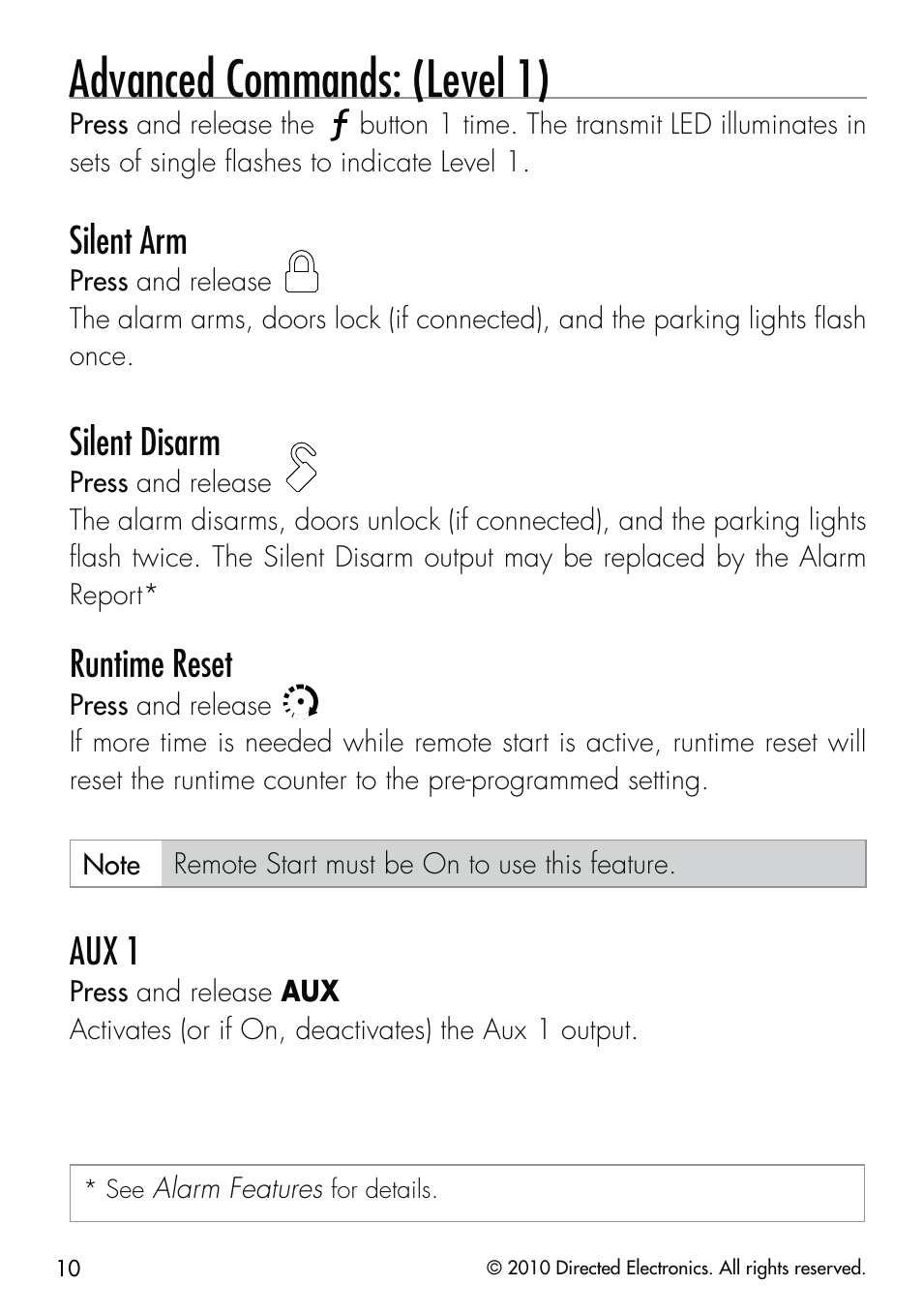 Advanced commands: (level 1), Silent arm, Silent disarm | Runtime reset, Aux 1 | CLIFFORD Security System 510.4X User Manual | Page 13 / 41