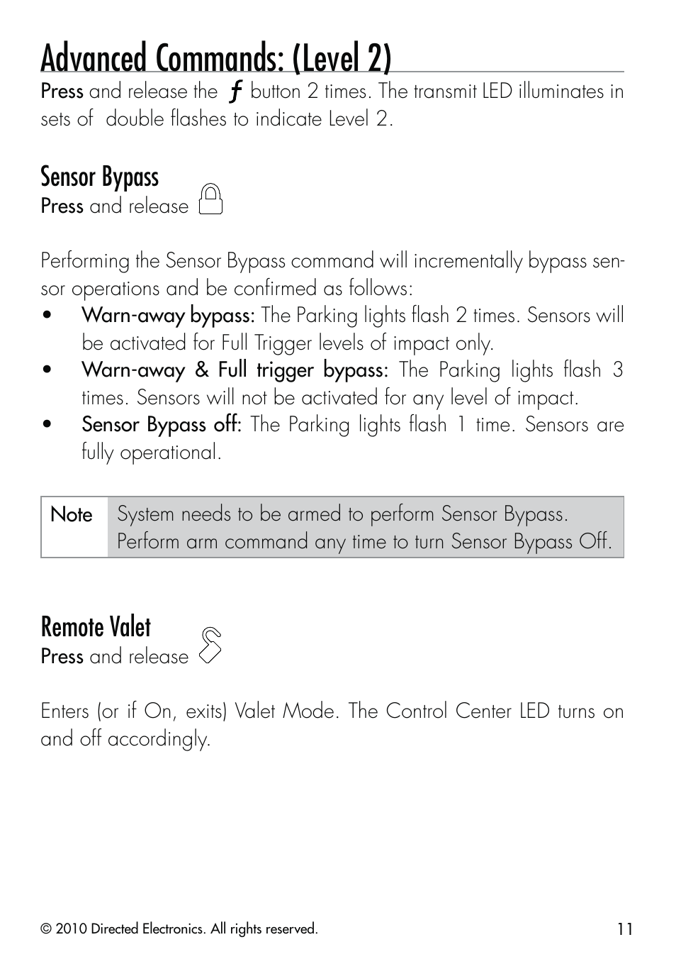 Advanced commands: (level 2), Sensor bypass, Remote valet | CLIFFORD Security System 510.4X User Manual | Page 14 / 41