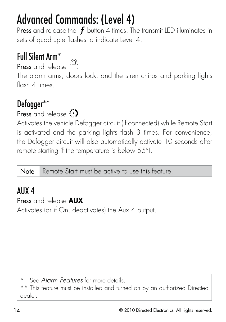 Advanced commands: (level 4), Full silent arm, Defogger | Aux 4 | CLIFFORD Security System 510.4X User Manual | Page 17 / 41