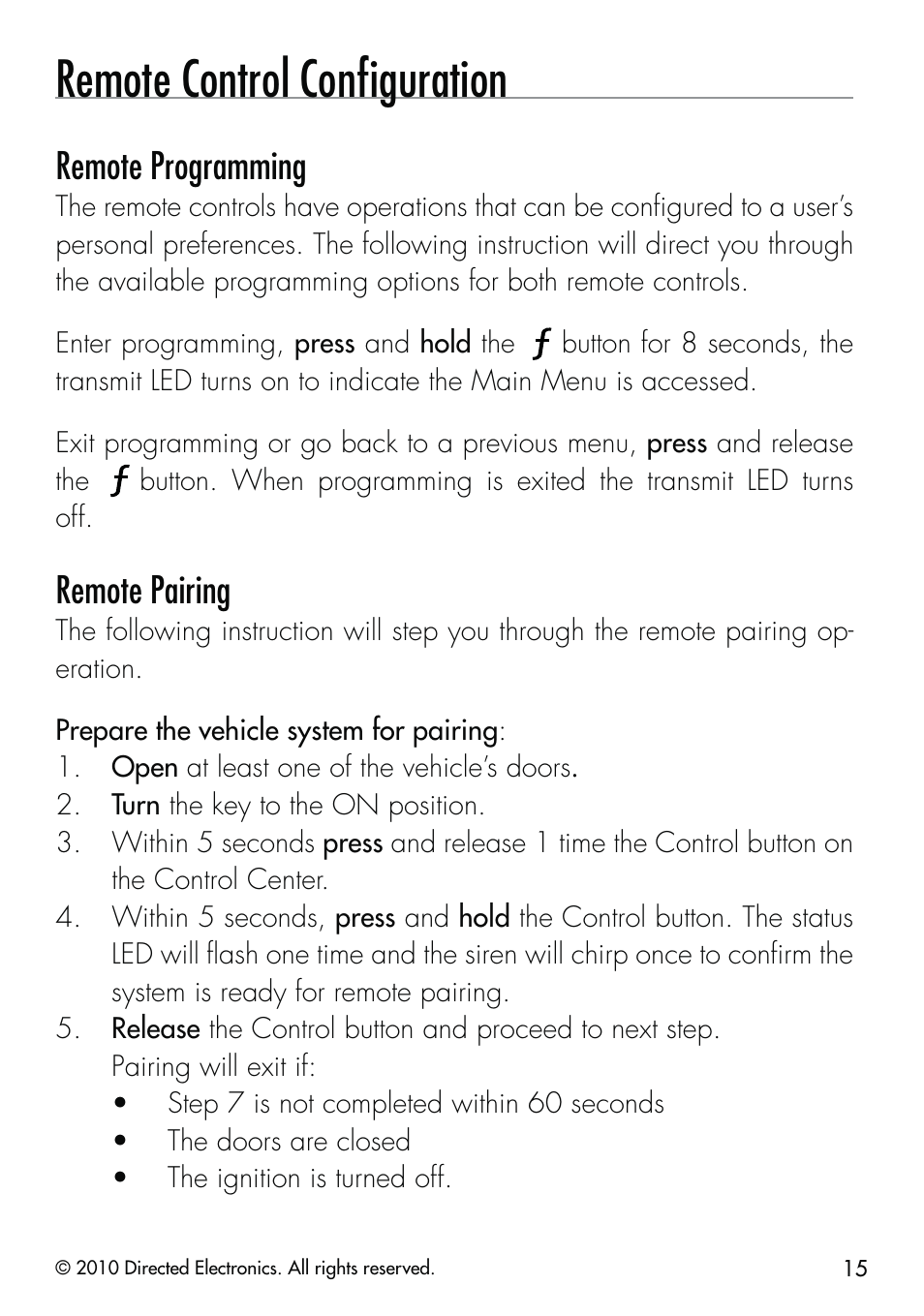 Remote control conﬁguration, Remote programming, Remote pairing | CLIFFORD Security System 510.4X User Manual | Page 18 / 41