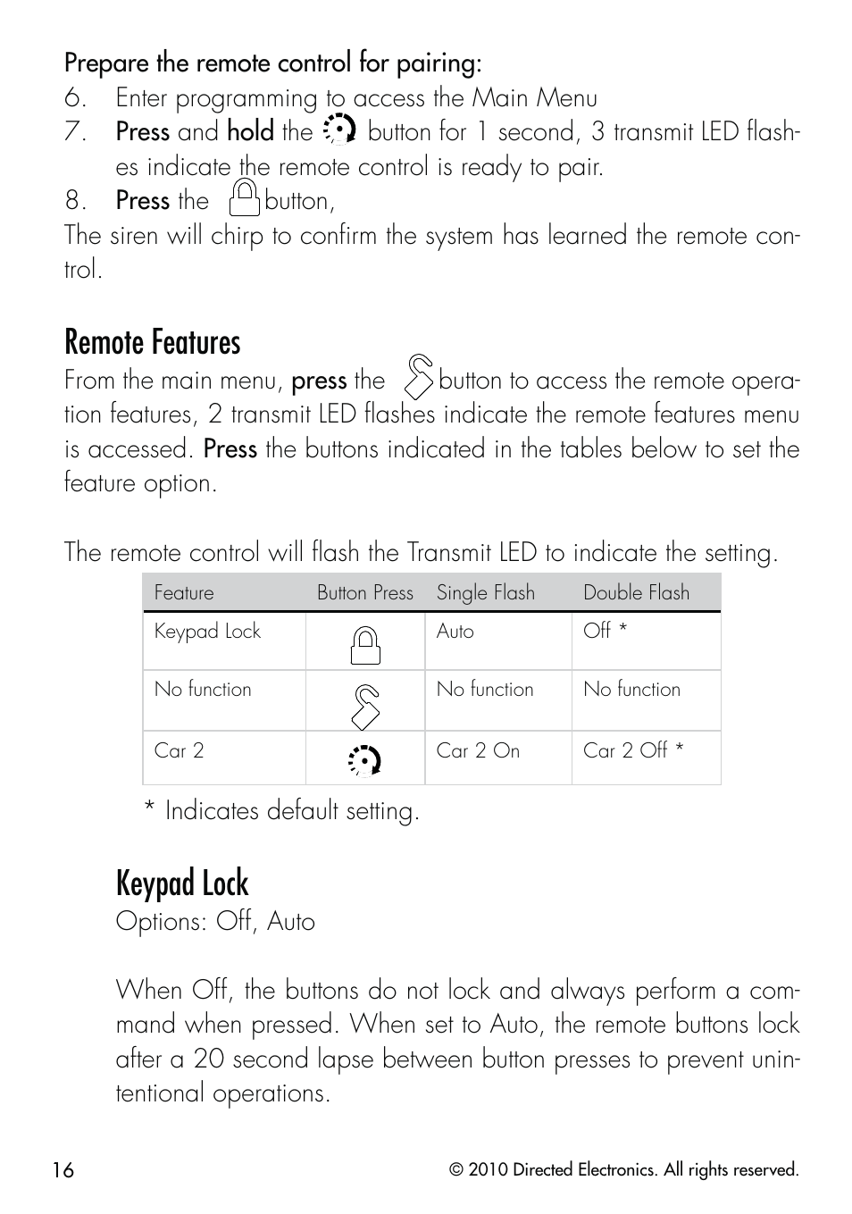 Remote features, Keypad lock | CLIFFORD Security System 510.4X User Manual | Page 19 / 41