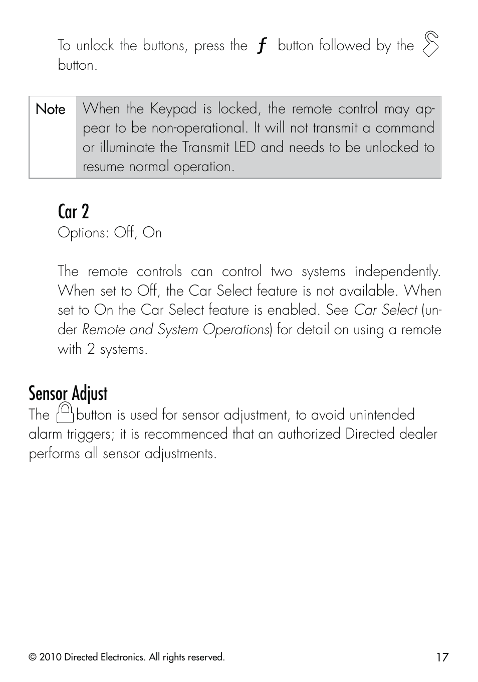 Car 2, Sensor adjust | CLIFFORD Security System 510.4X User Manual | Page 20 / 41