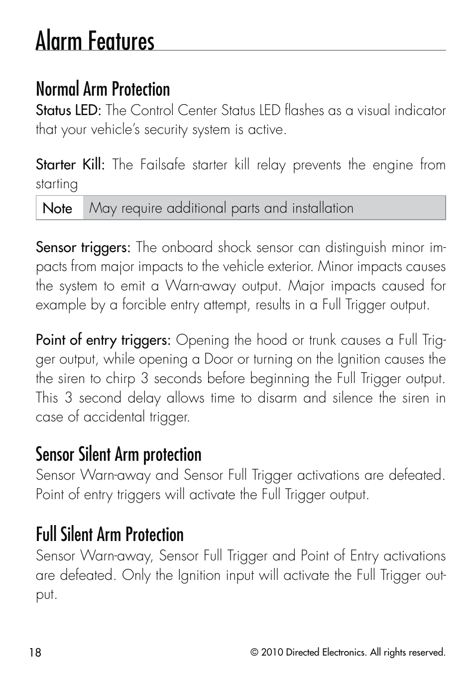 Alarm features, Normal arm protection, Sensor silent arm protection | Full silent arm protection | CLIFFORD Security System 510.4X User Manual | Page 21 / 41