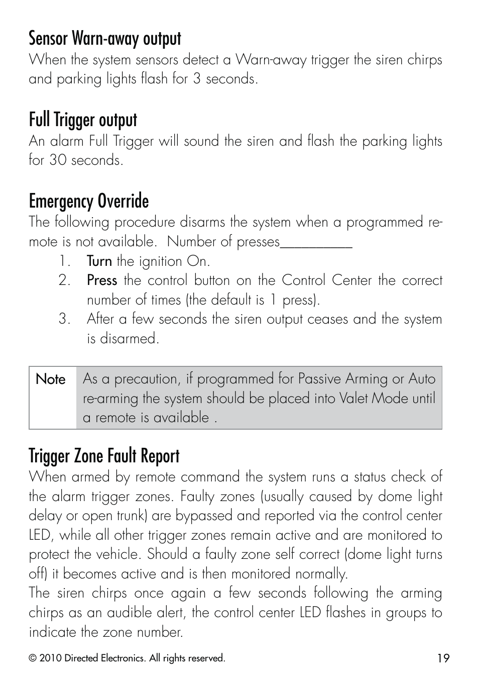Sensor warn-away output, Full trigger output, Emergency override | Trigger zone fault report | CLIFFORD Security System 510.4X User Manual | Page 22 / 41