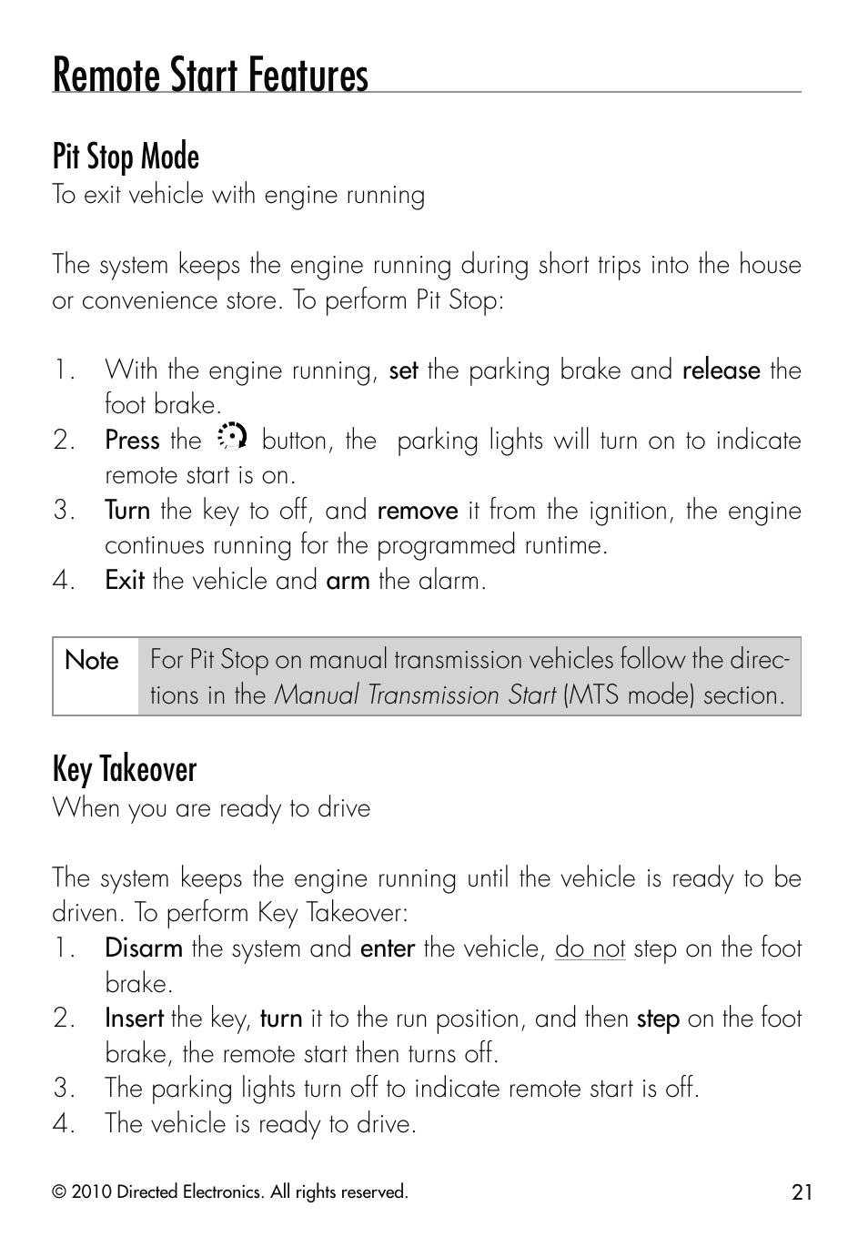 Remote start features, Pit stop mode, Key takeover | CLIFFORD Security System 510.4X User Manual | Page 24 / 41