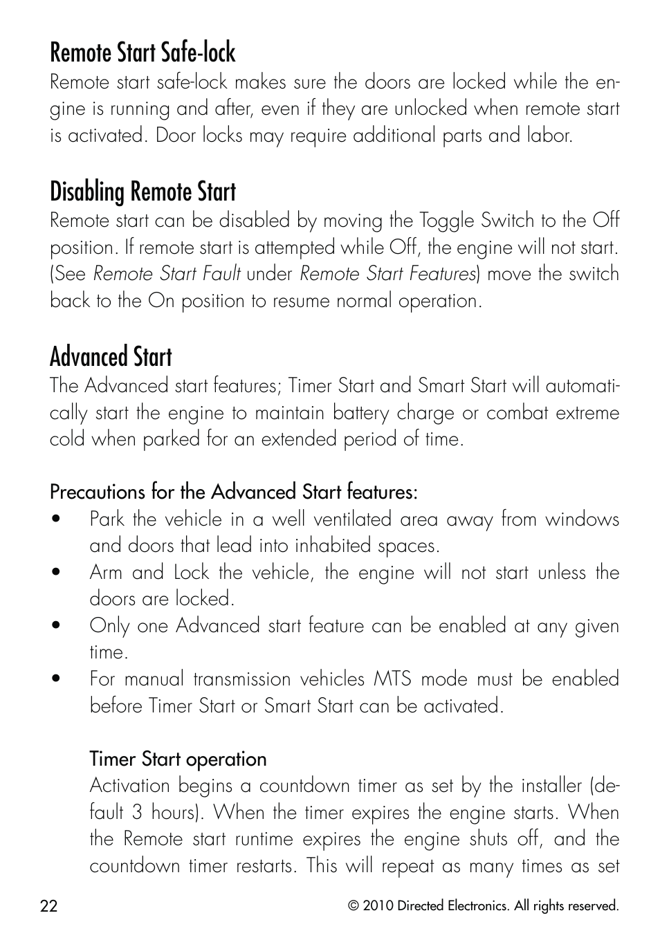 Remote start safe-lock, Disabling remote start, Advanced start | CLIFFORD Security System 510.4X User Manual | Page 25 / 41