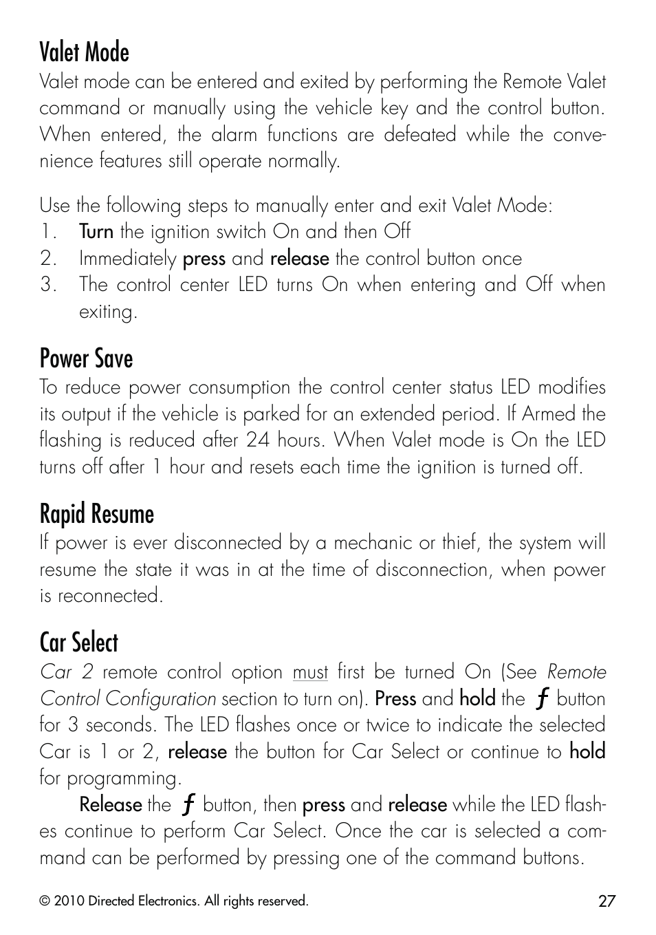 Valet mode, Power save, Rapid resume | Car select | CLIFFORD Security System 510.4X User Manual | Page 30 / 41
