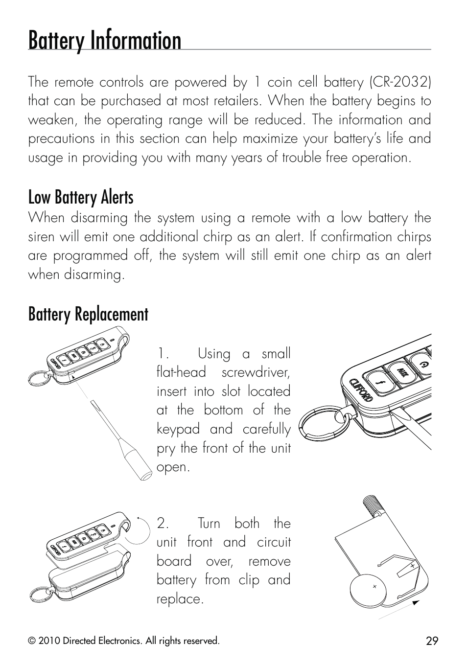 Battery information, Low battery alerts, Battery replacement | CLIFFORD Security System 510.4X User Manual | Page 32 / 41