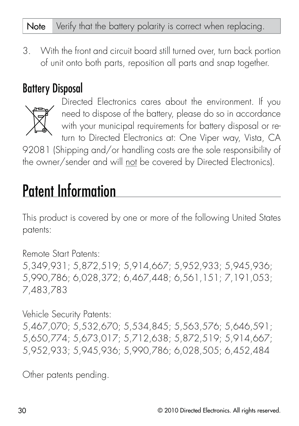 Patent information, Battery disposal | CLIFFORD Security System 510.4X User Manual | Page 33 / 41
