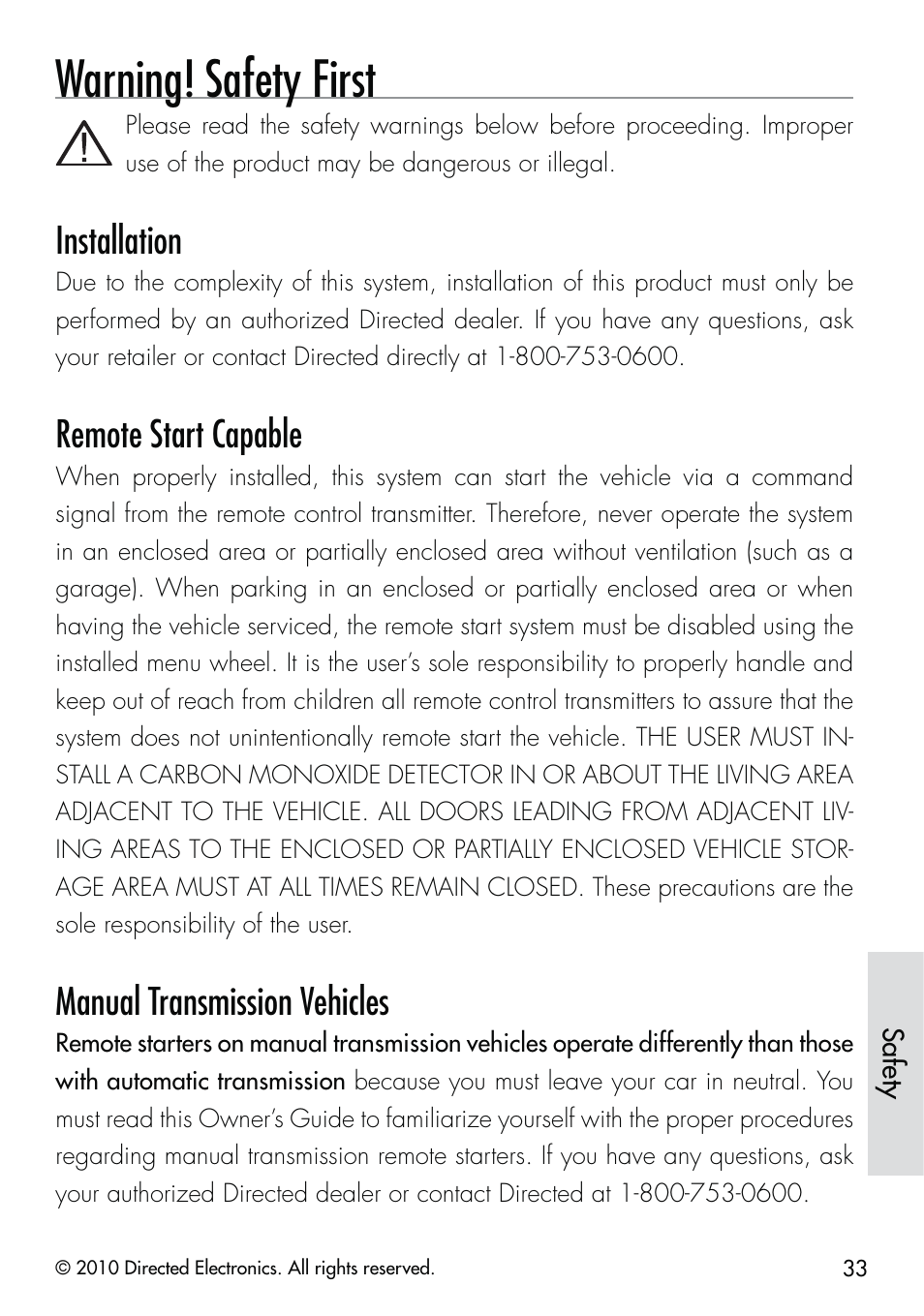 Warning! safety first, Installation, Remote start capable | Manual transmission vehicles | CLIFFORD Security System 510.4X User Manual | Page 36 / 41