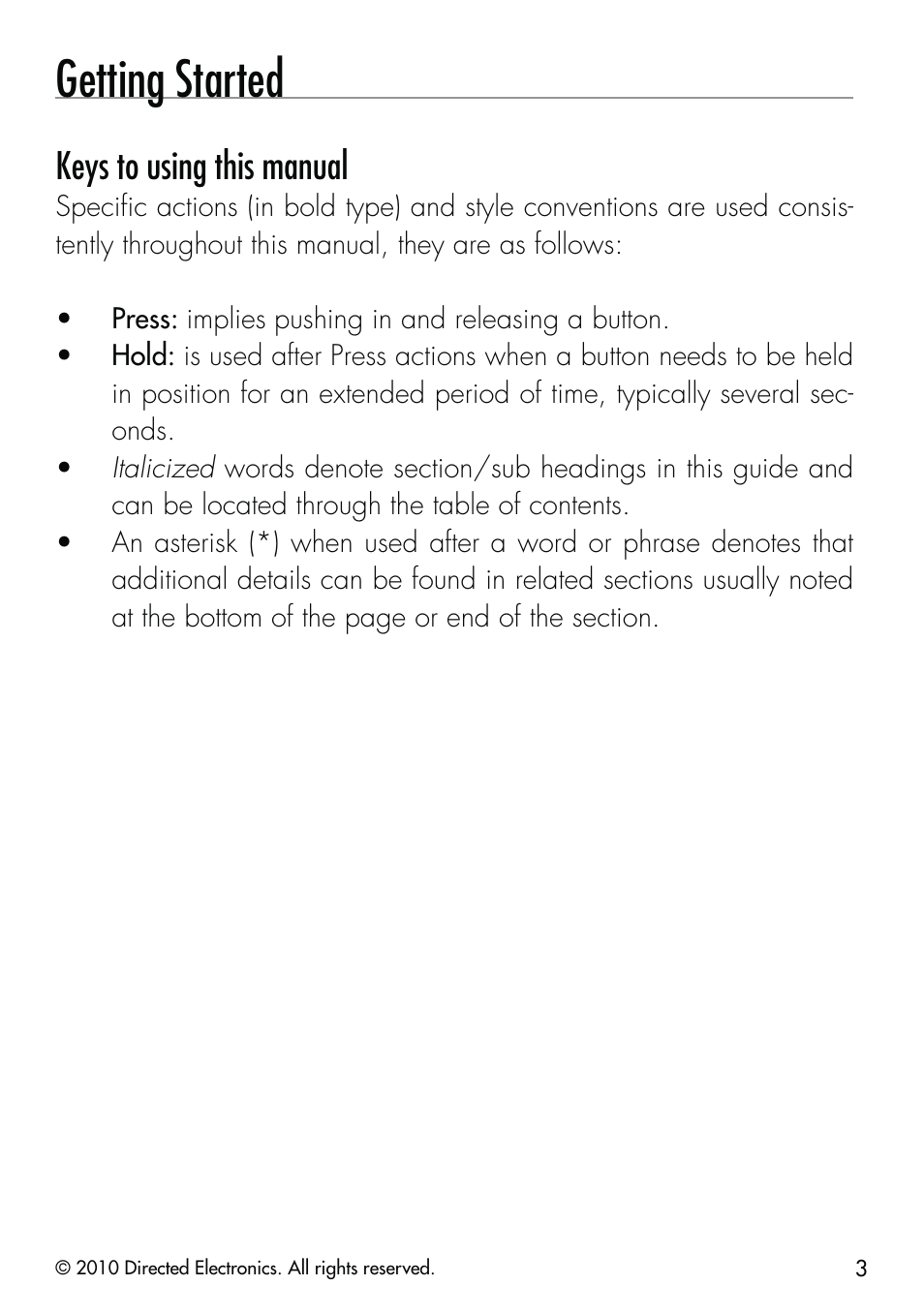 Getting started, Keys to using this manual | CLIFFORD Security System 510.4X User Manual | Page 6 / 41