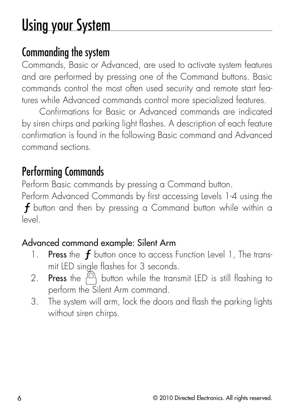 Using your system, Commanding the system, Performing commands | CLIFFORD Security System 510.4X User Manual | Page 9 / 41