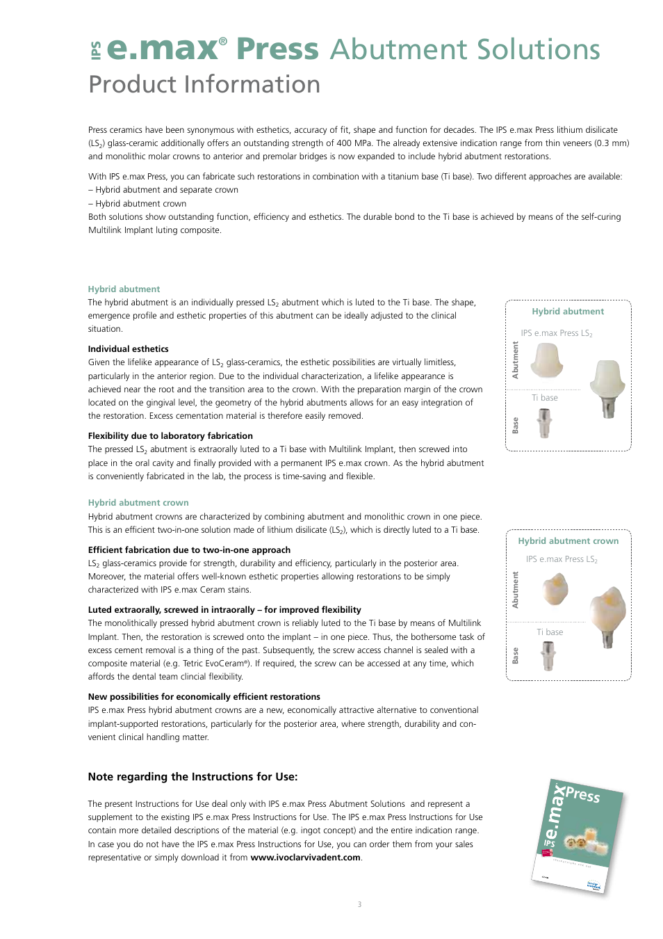 E.max, Press, Abutment solutions | Product information | Ivoclar Vivadent IPS e.max Press Abutment Solutions v.2 User Manual | Page 3 / 56