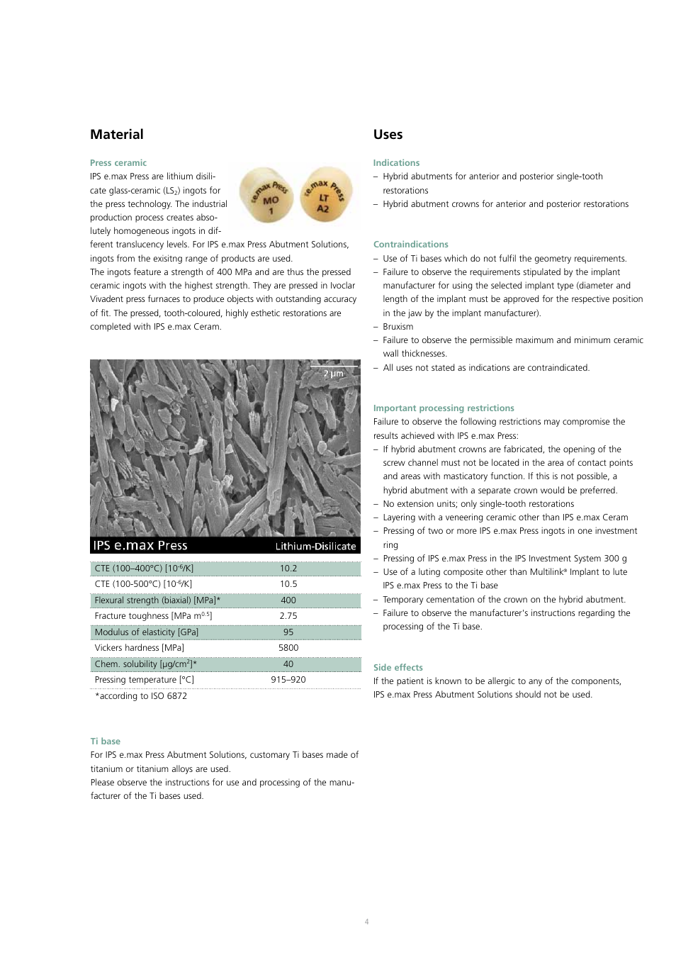 Material, Uses | Ivoclar Vivadent IPS e.max Press Abutment Solutions v.2 User Manual | Page 4 / 56