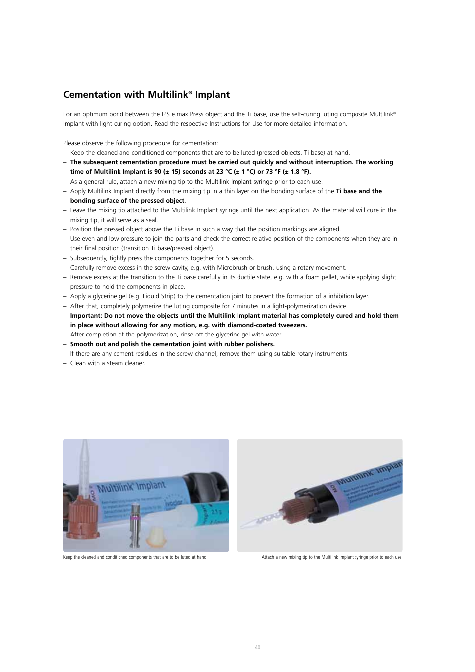 Cementation with multilink, Implant | Ivoclar Vivadent IPS e.max Press Abutment Solutions v.2 User Manual | Page 40 / 56