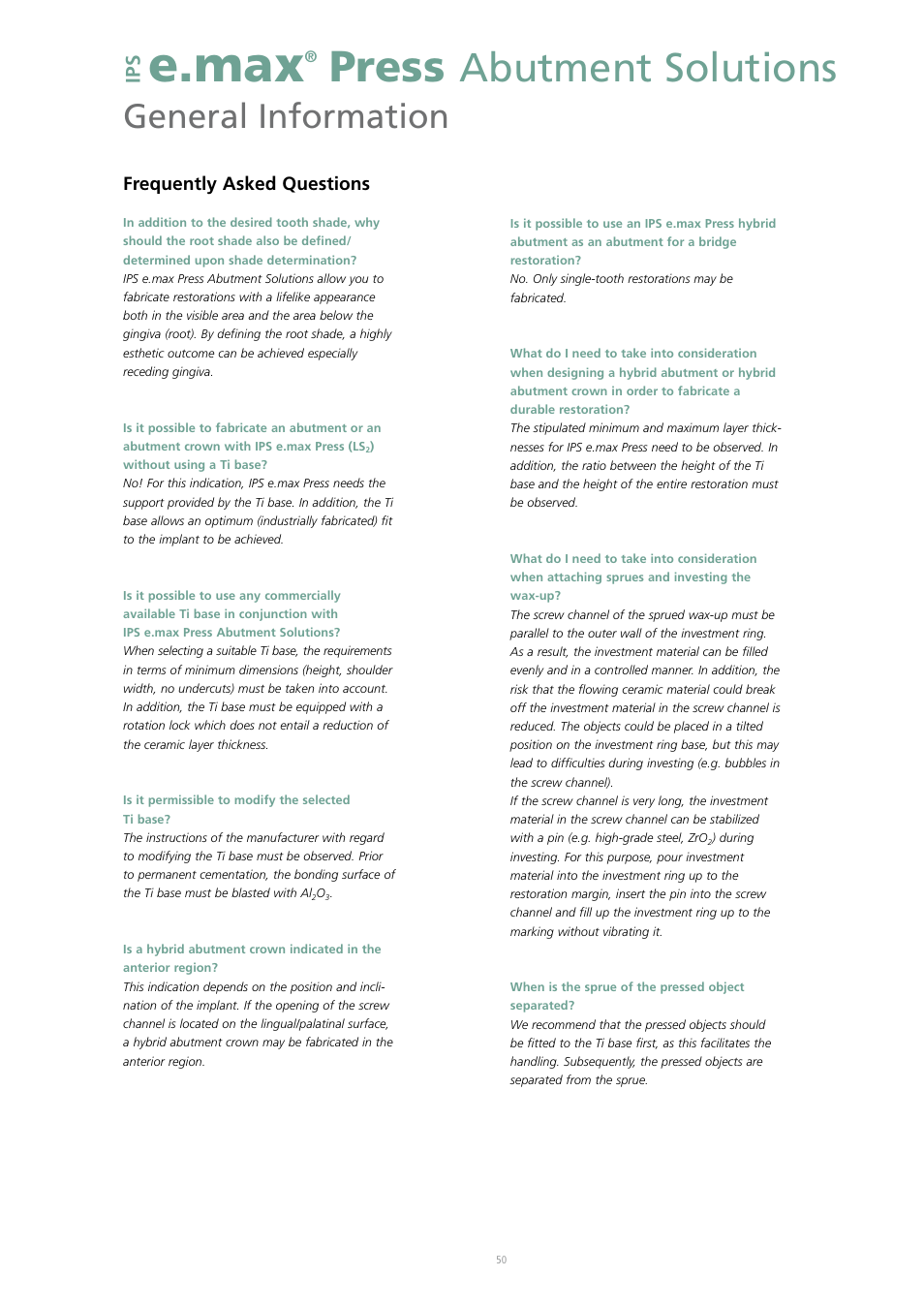 E.max, Press, Abutment solutions | General information | Ivoclar Vivadent IPS e.max Press Abutment Solutions v.2 User Manual | Page 50 / 56