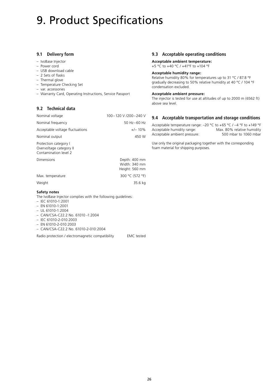 Product specifications | Ivoclar Vivadent IvoBase Injector v.2 User Manual | Page 26 / 28