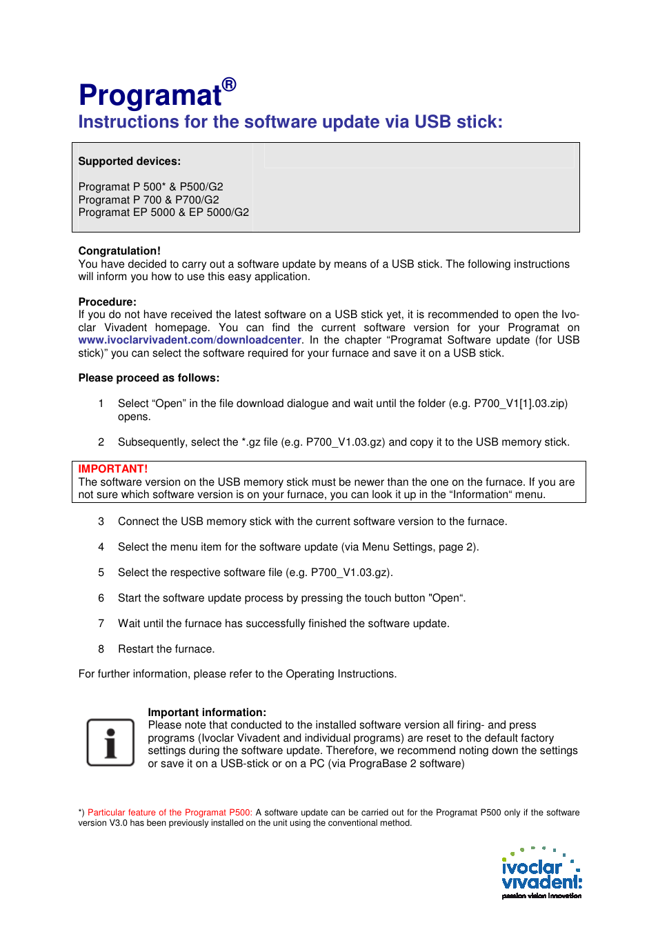 Ivoclar Vivadent Programat USB Stick User Manual | 1 page