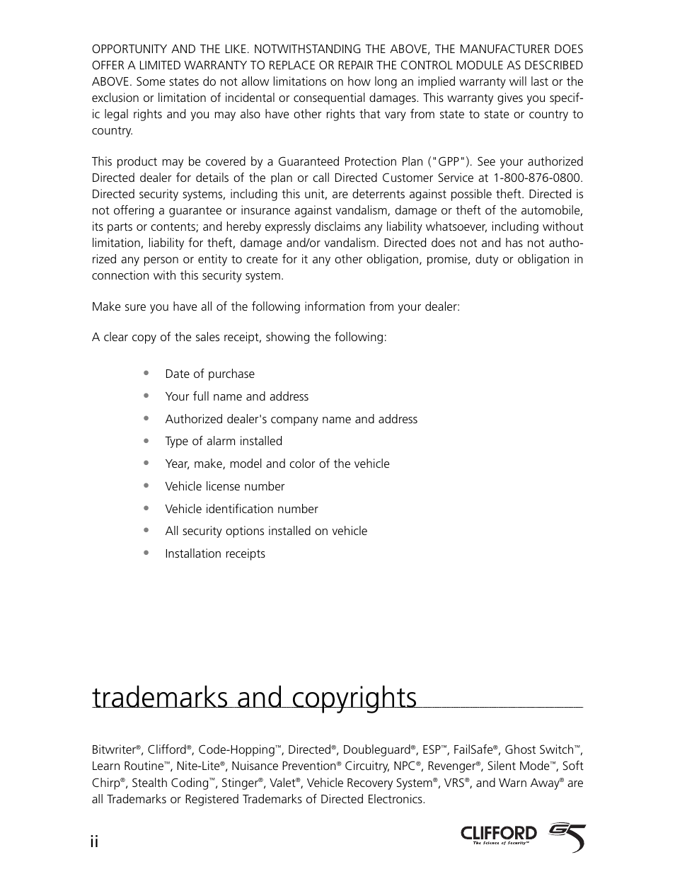 Trademarks and copyrights | CLIFFORD G4 System Series User Manual | Page 3 / 10