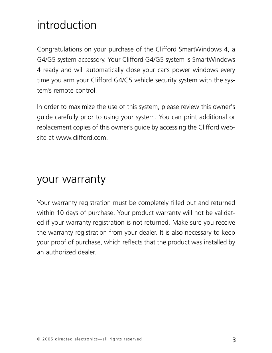 Introduction, Your warranty | CLIFFORD G4 System Series User Manual | Page 6 / 10