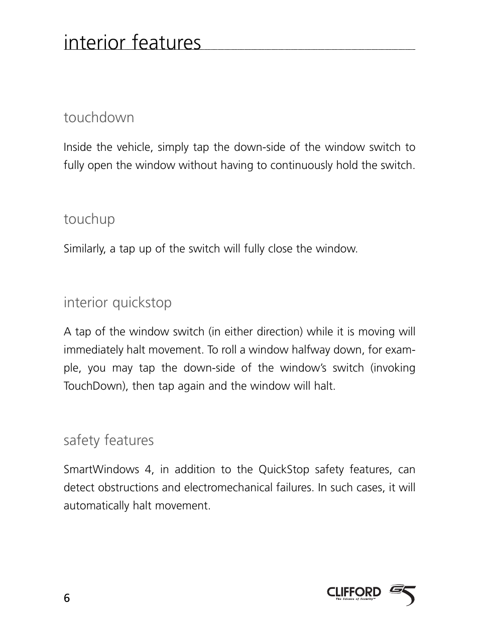 Interior features | CLIFFORD G4 System Series User Manual | Page 9 / 10