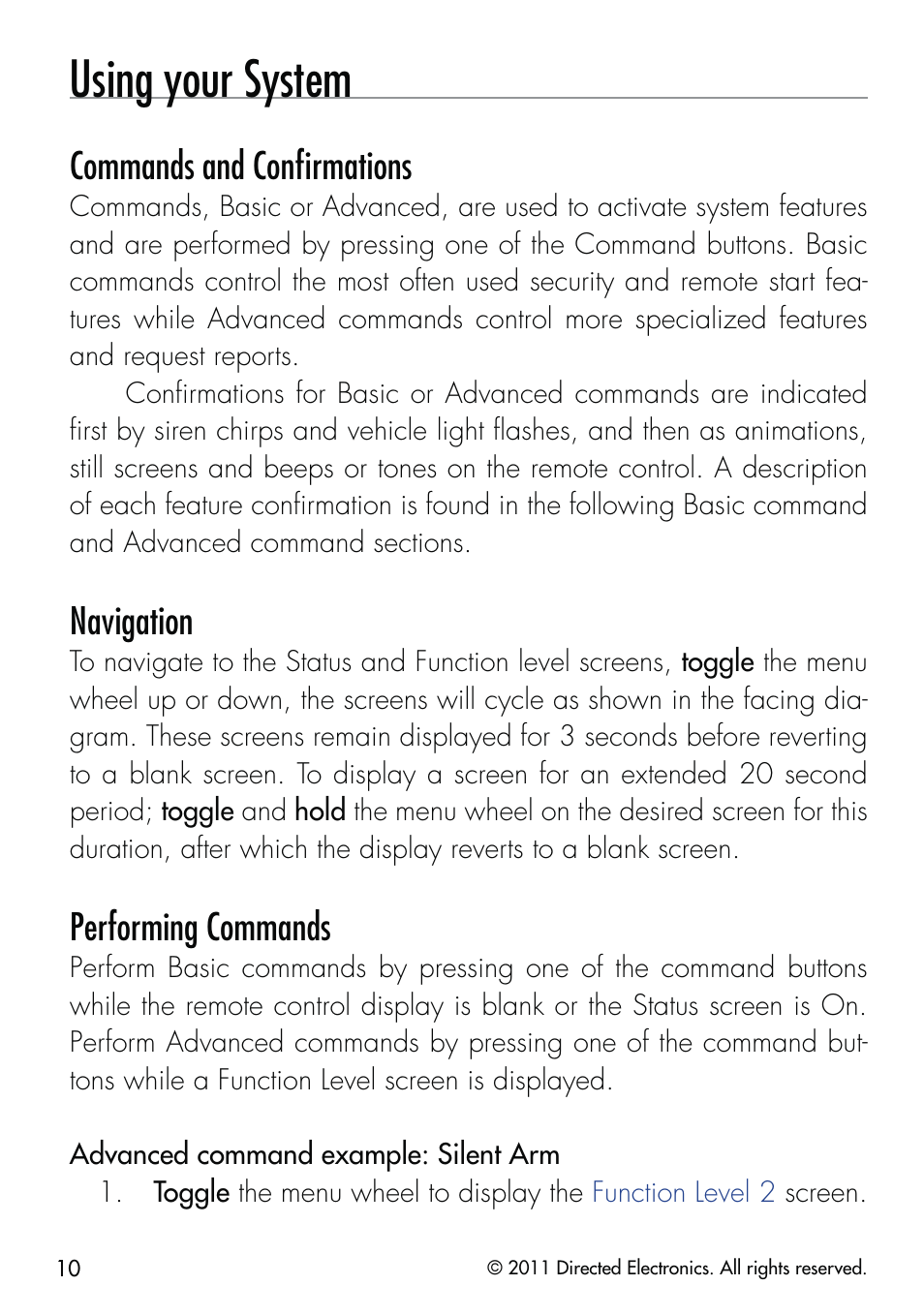 Using your system, Commands and conﬁrmations, Navigation | Performing commands | CLIFFORD 590.4X User Manual | Page 13 / 69