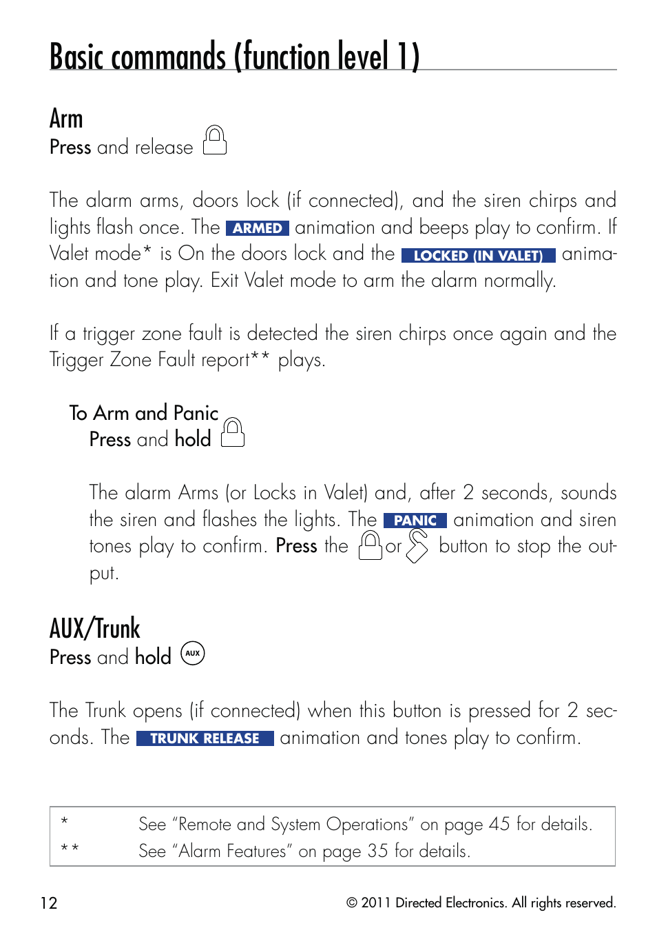 Basic commands (function level 1), Aux/trunk | CLIFFORD 590.4X User Manual | Page 15 / 69