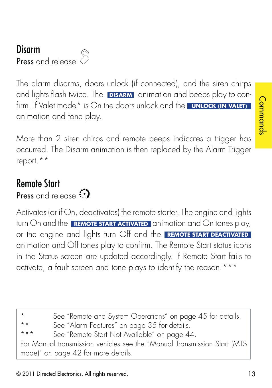 Disarm, Remote start | CLIFFORD 590.4X User Manual | Page 16 / 69