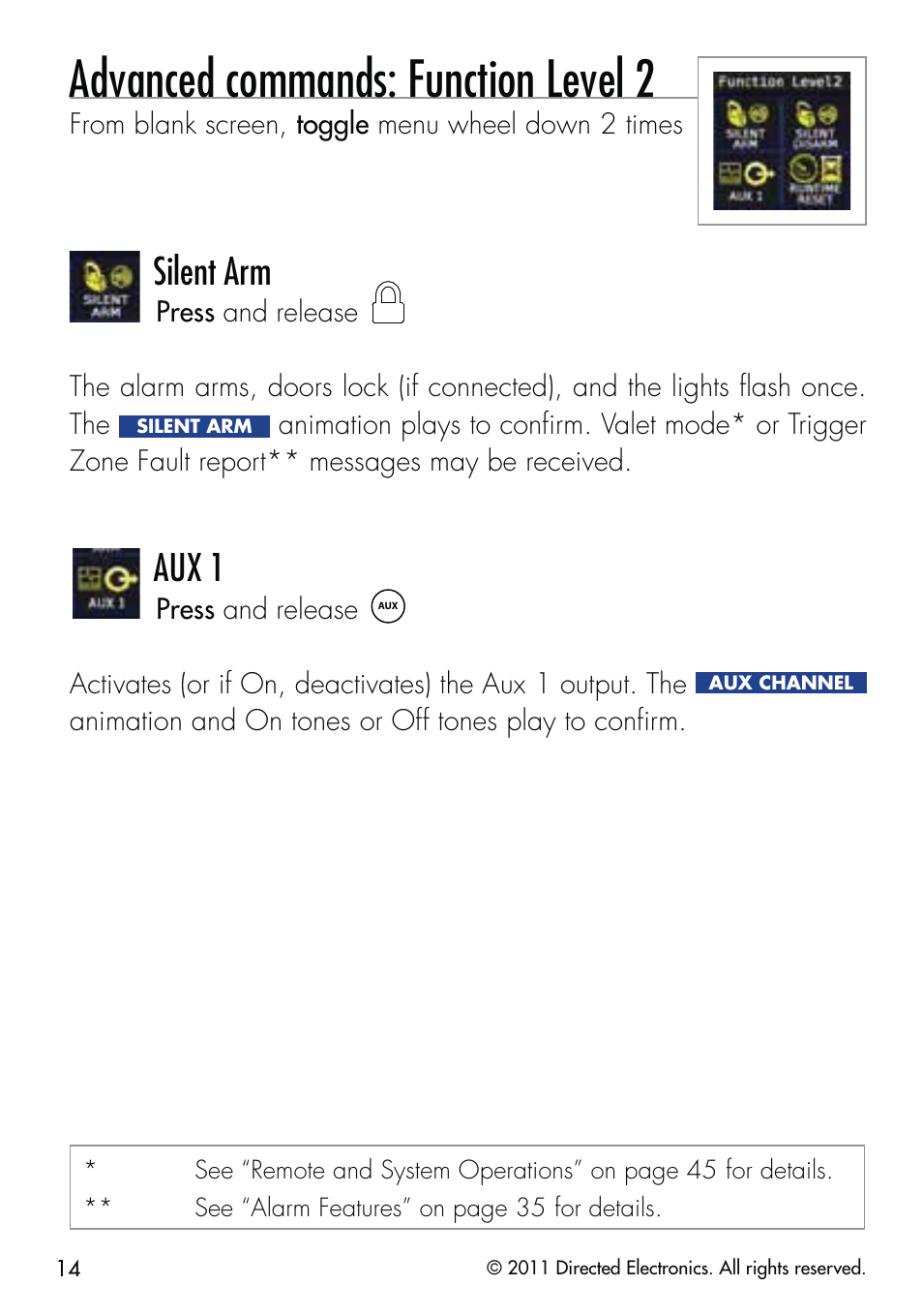 Advanced commands: function level 2, Silent arm, Aux 1 | CLIFFORD 590.4X User Manual | Page 17 / 69