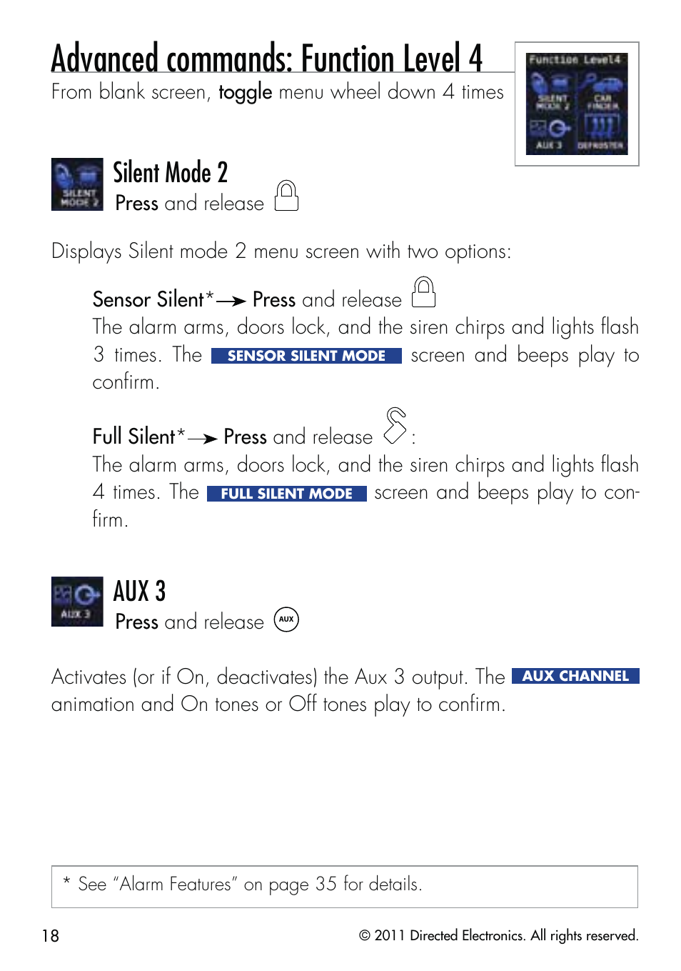 Advanced commands: function level 4, Silent mode 2, Aux 3 | CLIFFORD 590.4X User Manual | Page 21 / 69