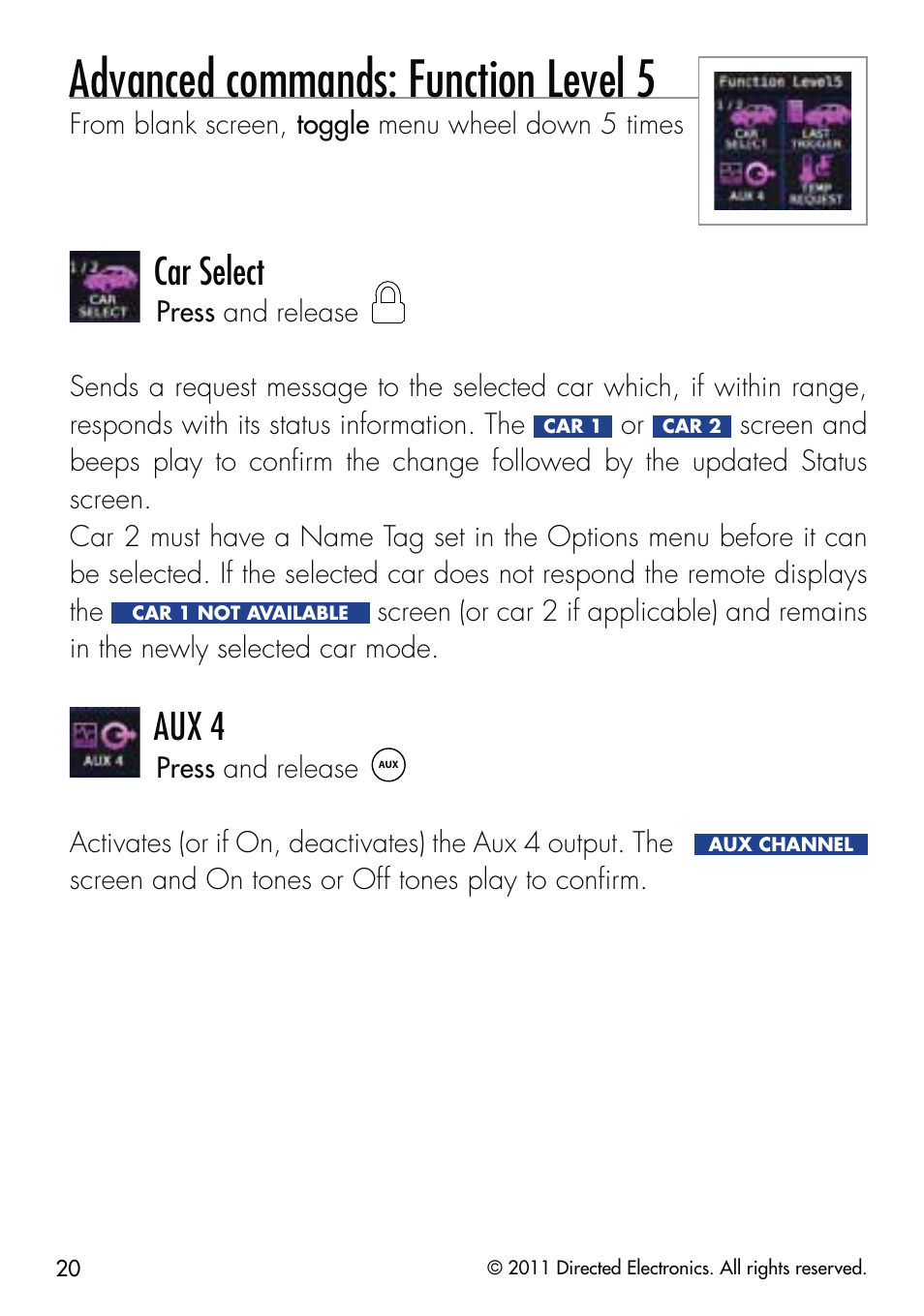 Advanced commands: function level 5, Car select, Aux 4 | CLIFFORD 590.4X User Manual | Page 23 / 69