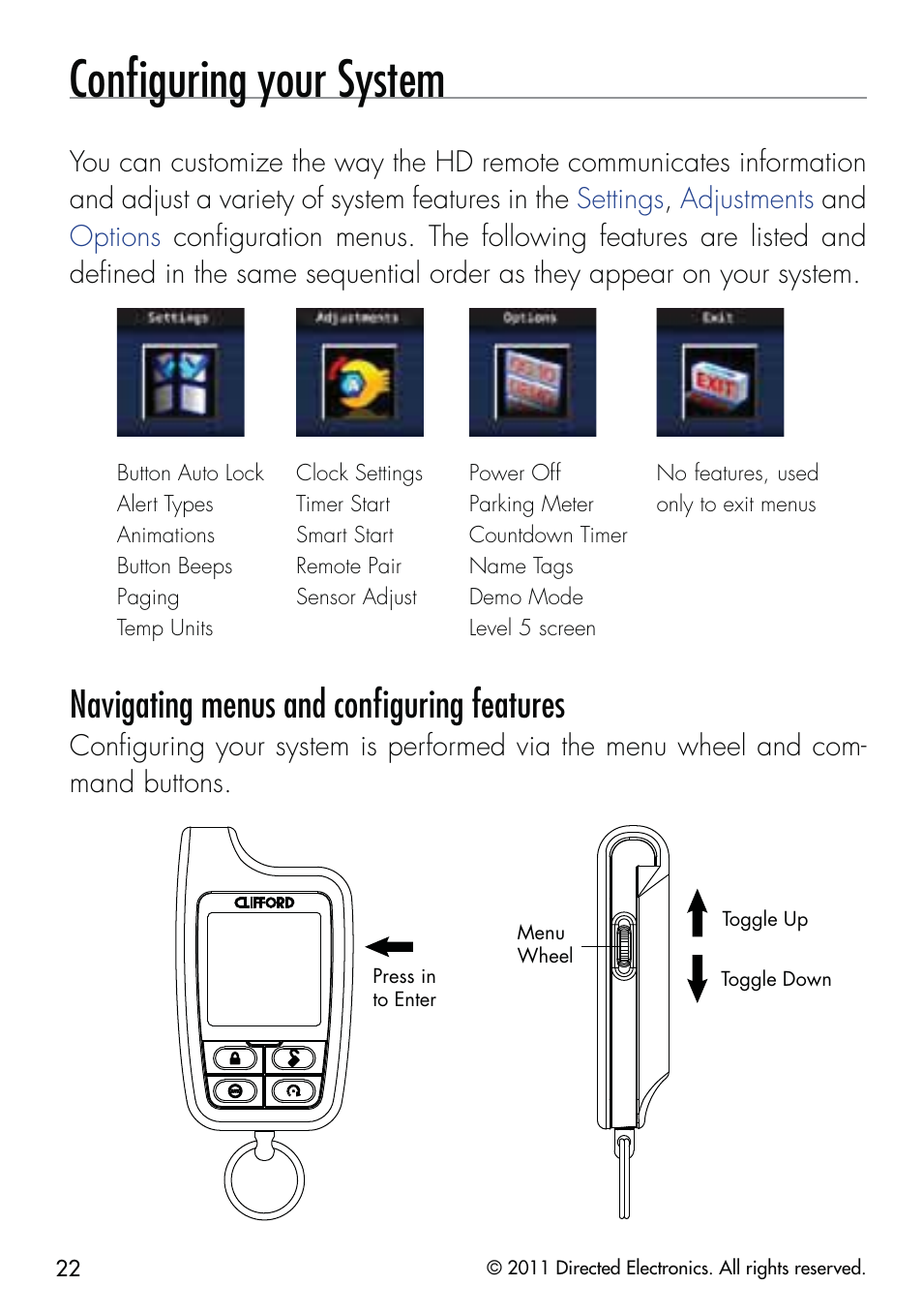 Conﬁguring your system, Navigating menus and conﬁguring features | CLIFFORD 590.4X User Manual | Page 25 / 69