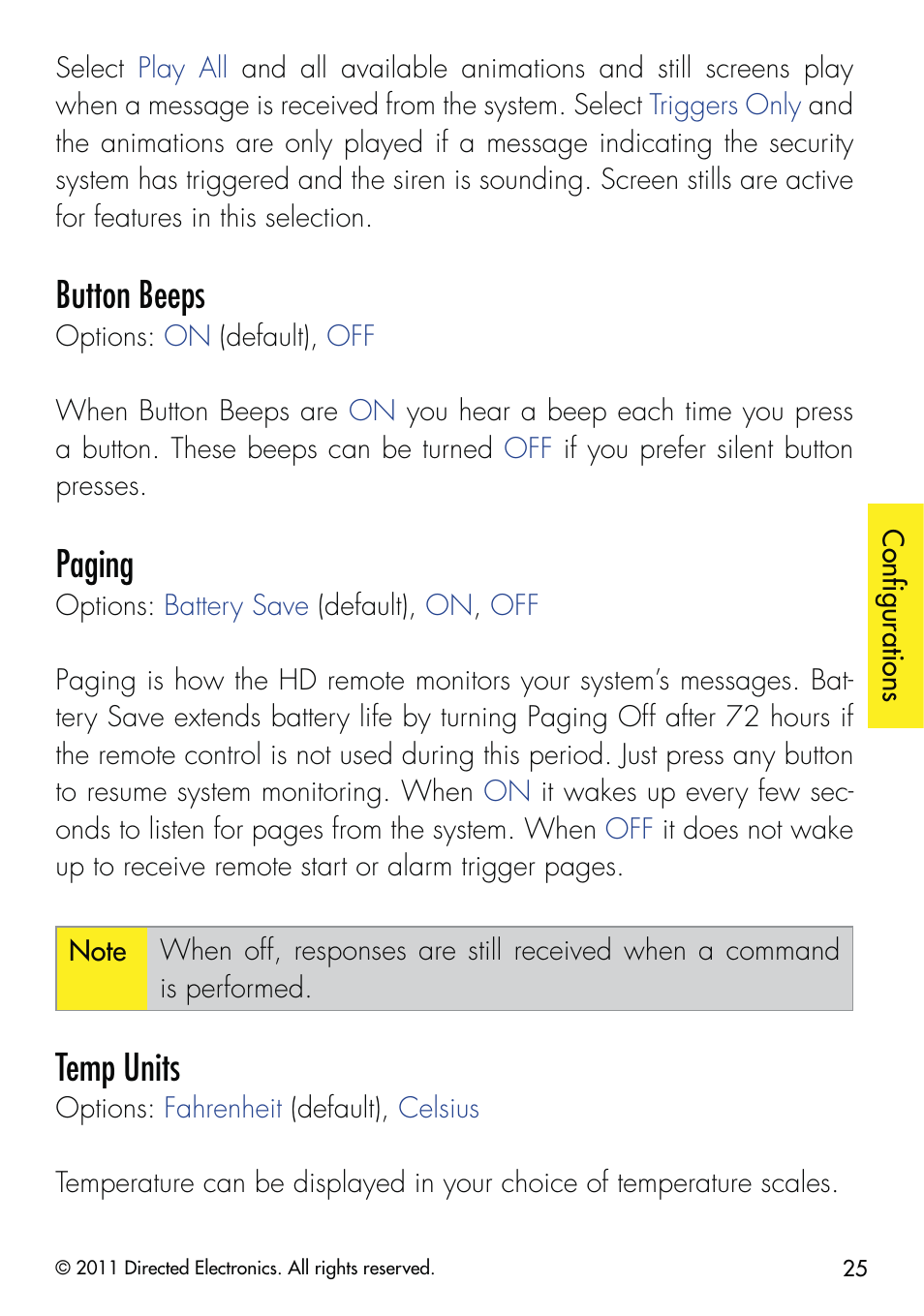 Button beeps, Paging, Temp units | CLIFFORD 590.4X User Manual | Page 28 / 69