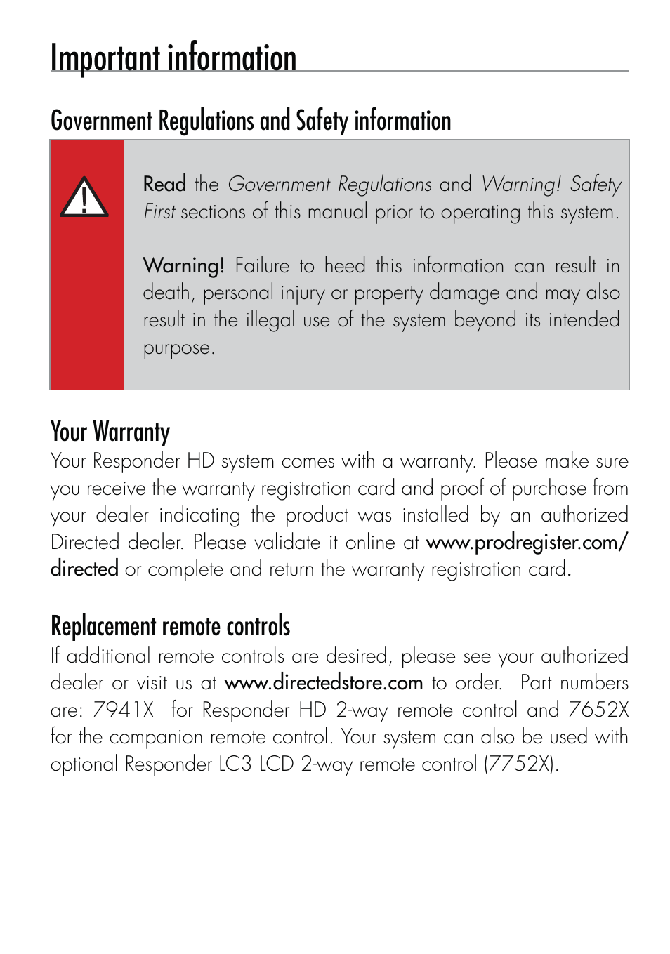 Important information | CLIFFORD 590.4X User Manual | Page 3 / 69