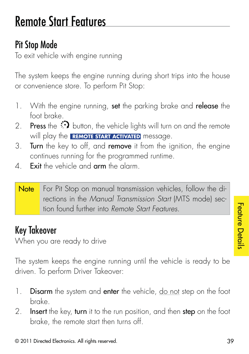 Remote start features, Pit stop mode, Key takeover | CLIFFORD 590.4X User Manual | Page 42 / 69