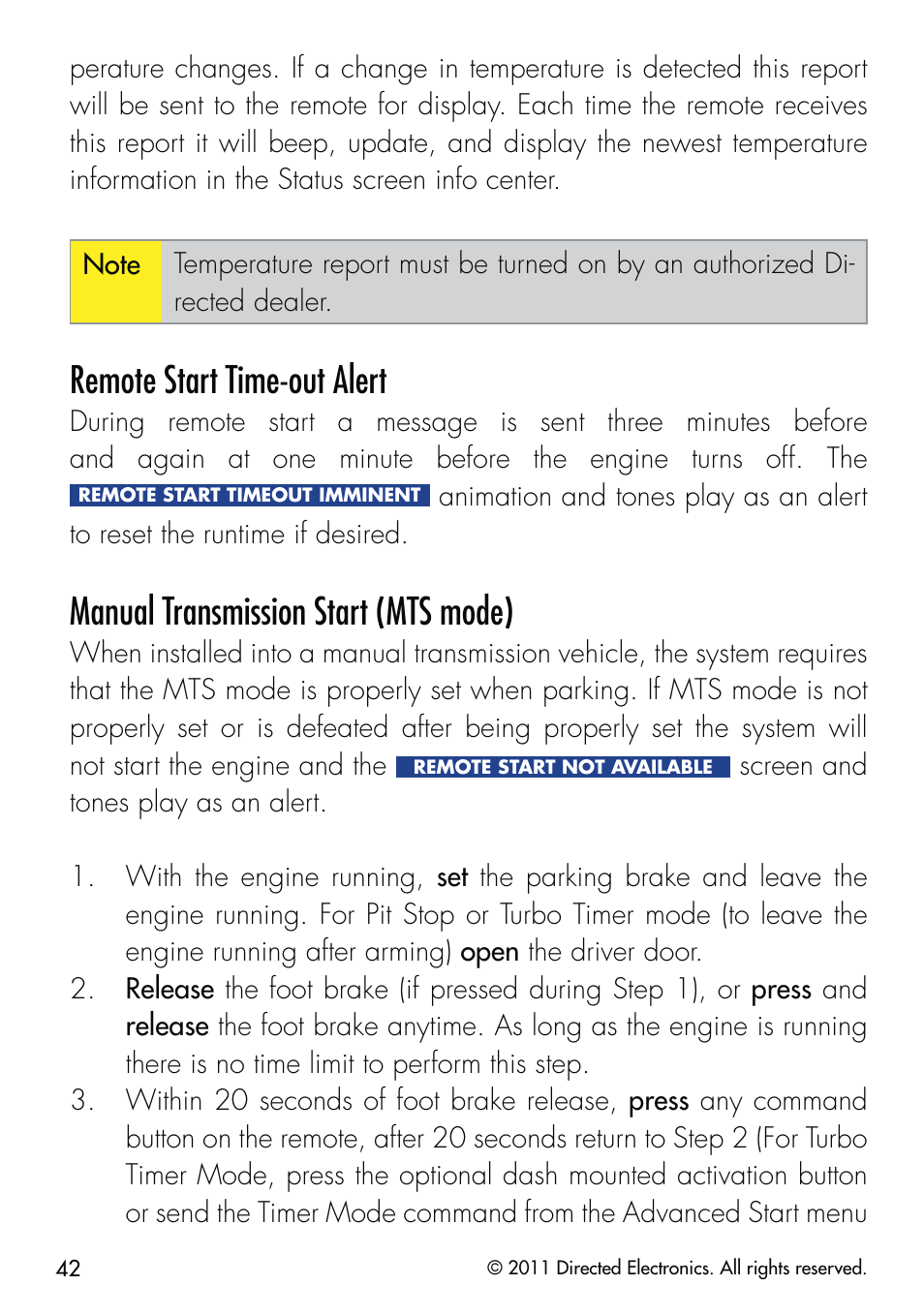 Remote start time-out alert, Manual transmission start (mts mode) | CLIFFORD 590.4X User Manual | Page 45 / 69