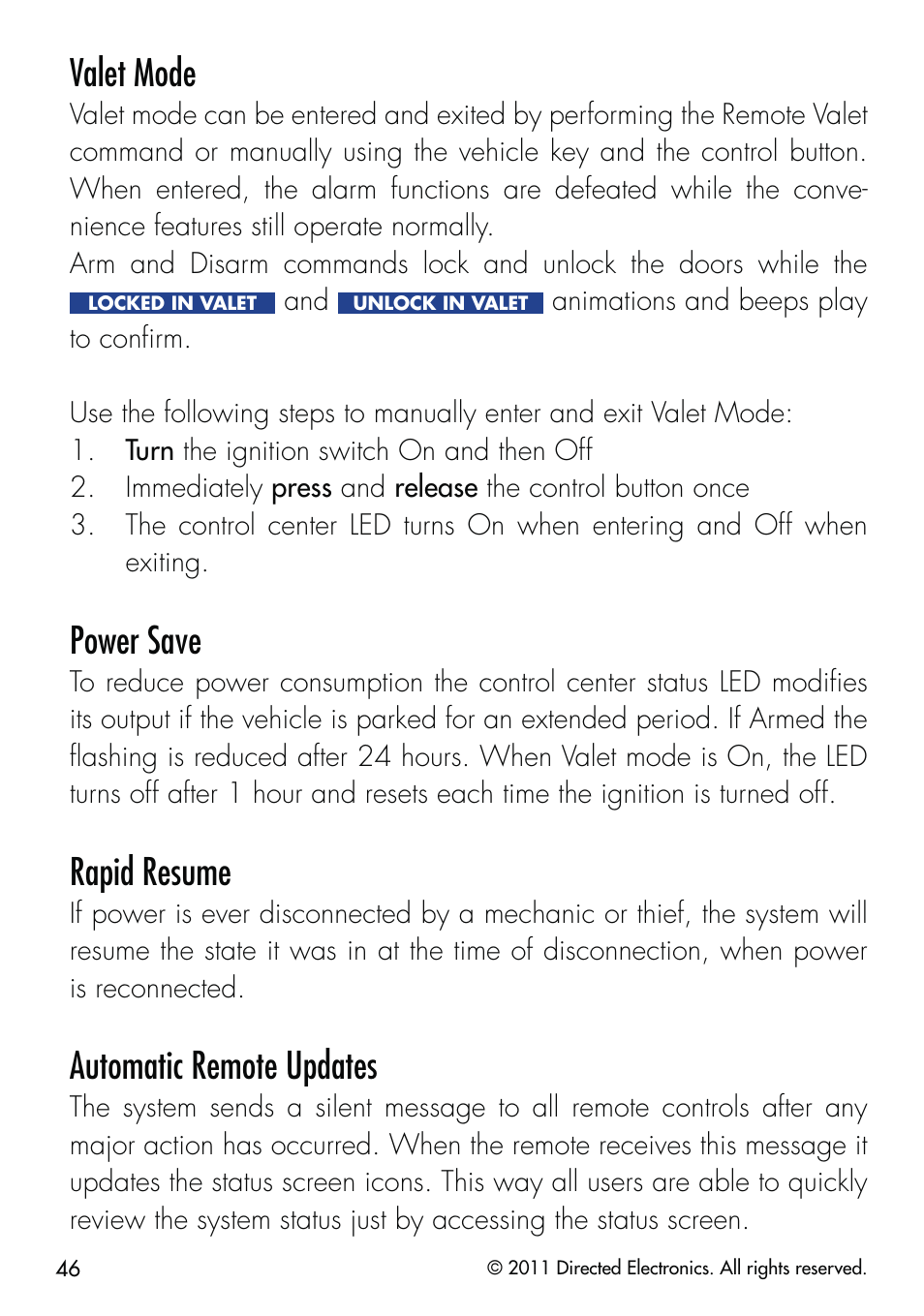 Valet mode, Power save, Rapid resume | Automatic remote updates | CLIFFORD 590.4X User Manual | Page 49 / 69